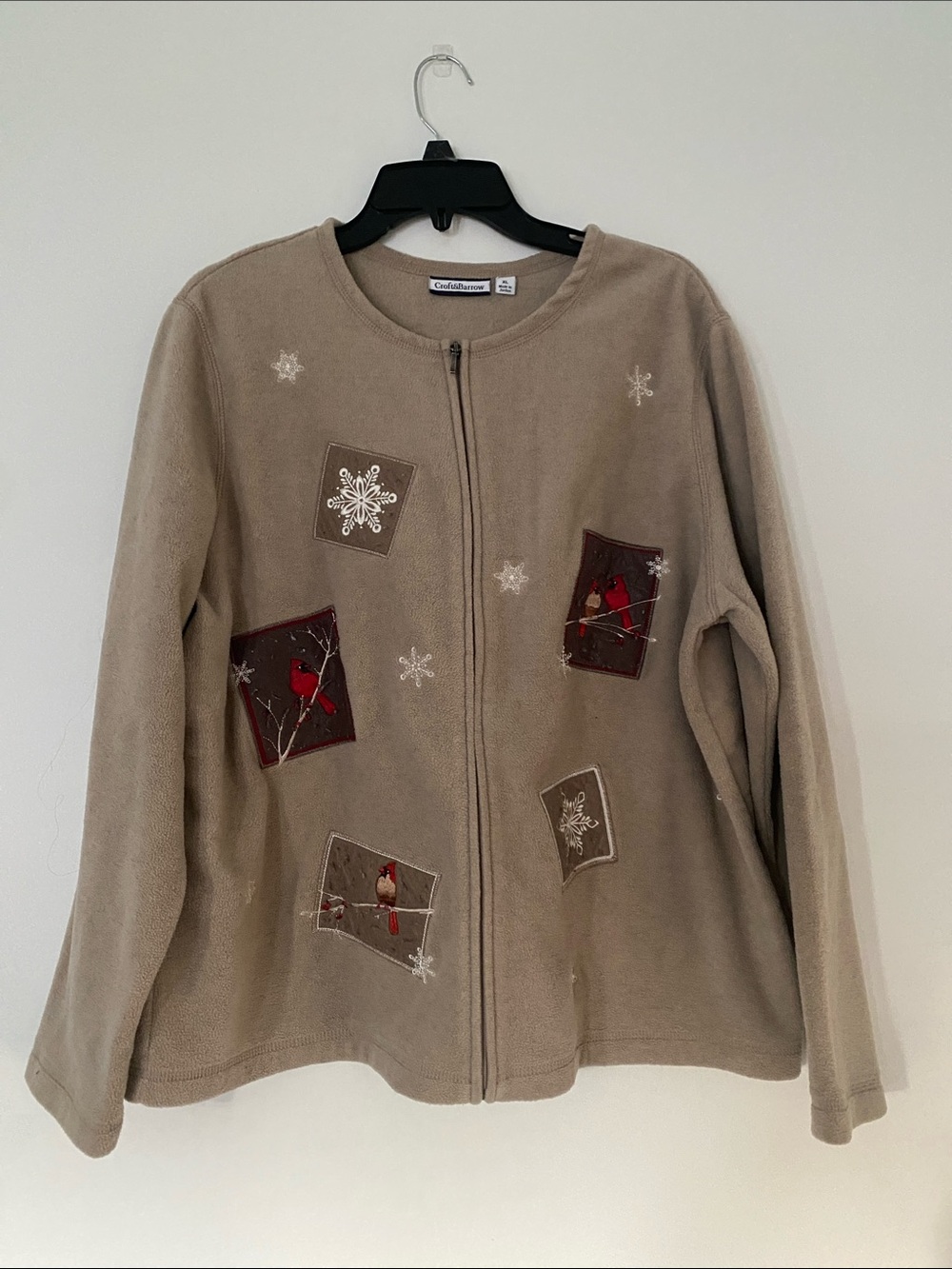 Coldwater Creek Taupe Fleece Zip Jacket with Cardinal Patches
